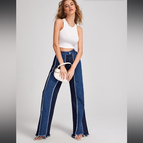Denim - Two Tone Denim Wide Leg Jeans
